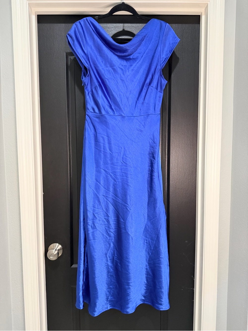 Hello Molly Royal Blue Satin Cowl Midi Dress -J-